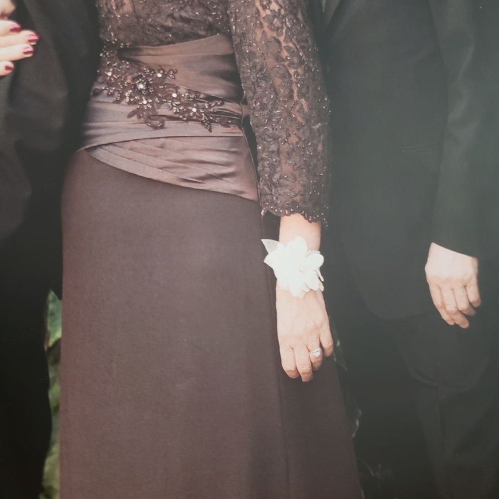 Montage by Mon Cheri Brown Pleated Gown with Bishop Sleeves